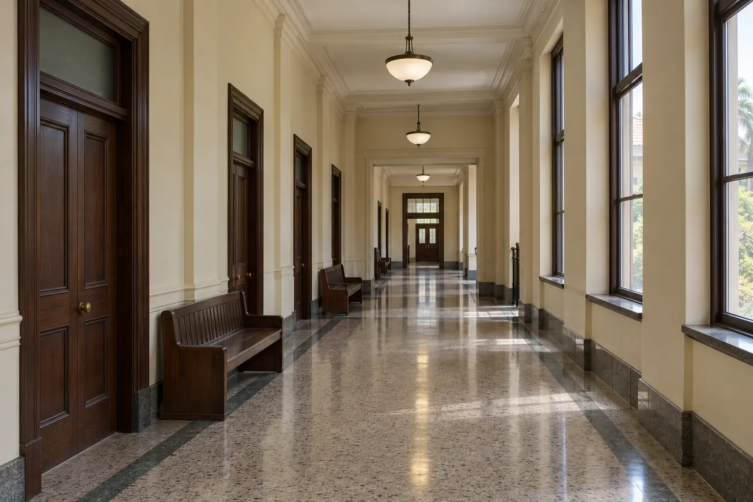 Empty Queensland courthouse corridor with timber doors and morning light