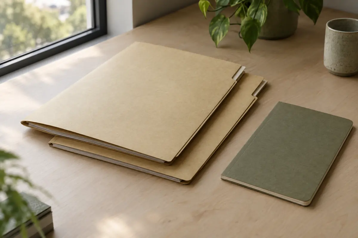 Two closed legal files and a notebook on a timber desk